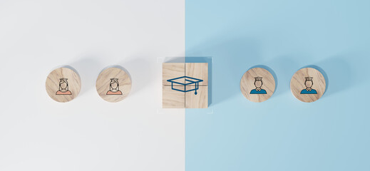 Wall Mural - Male and female student icons on wooden blocks. Education concept for success.