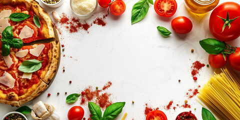 Wall Mural - Italian food creative background for menu and restaurant. Typical Italian dishes in Italy. Pizza, pasta, cheese, parmesan, basil, herbs, tomatoes, and tomato sauce. Food menu, copy space design.