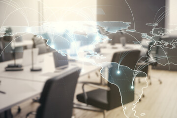 Poster - Abstract graphic digital world map hologram with connections on a modern furnished classroom background, globalization concept. Multiexposure