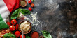 © SARATSTOCK - Italian food creative background for menu and restaurant. Typical Italian dishes in Italy. Pizza, pasta, cheese, parmesan, basil, herbs, tomatoes, and tomato sauce. Food menu, copy space design.