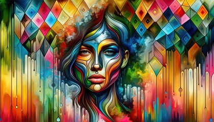 Surreal portrait of a woman with colorful flowing lines, hexagonal patterns, and dripping paint on a vibrant abstract background