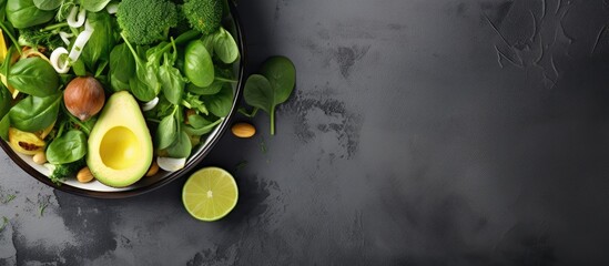 Poster - Green vegetable salad with spinach avocado green peas and olive oil in bowl on light gray slate stone or concrete background Top view with copy space Green vegetables for diet concept
