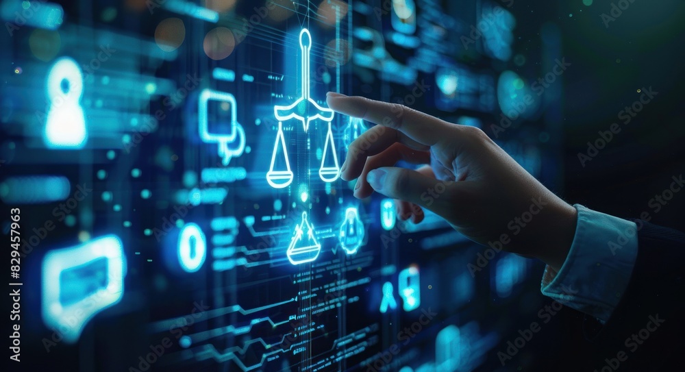 Virtual screen displaying AI icon with scales of justice motif ...