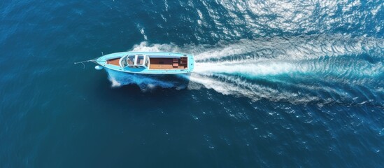 Wall Mural - top view of fast travel boat going straight forward in the sea aerial shot. copy space available