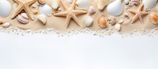 Poster - Summer time concept with sea shells and starfish on the beach sand white background free space for your decoration Top view. copy space available