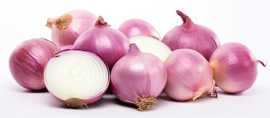 Poster - Food concept on white background group of white and red onions close up copy space isolated