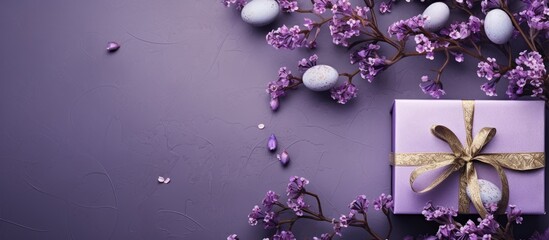 Wall Mural - Banner Easter set gift box with branches catkins White egg The view from the top Place for text Background ultraviolet. copy space available
