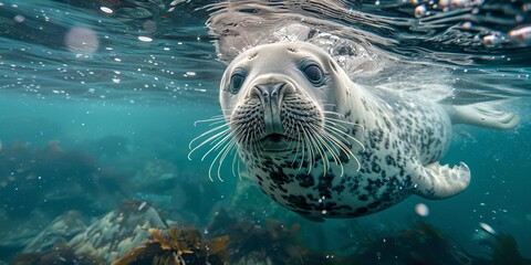 Wall Mural - In the vibrant underwater world, a green sea seal gracefully swims amidst tropical marine life.