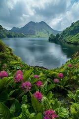 Sticker - An idyllic panorama of mountains, a serene lake reflecting nature's beauty, under a sunny sky.