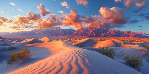 Wall Mural - At dawn, the desert horizon glows with the first light, casting mesmerizing patterns on the rippling sands.