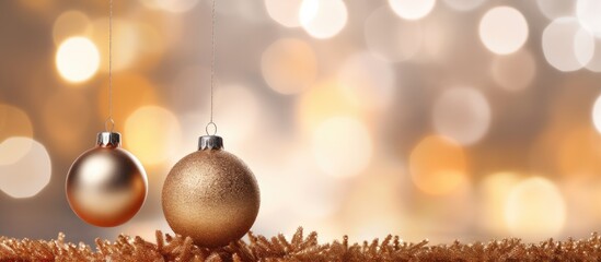 Poster - Golden ball on decorated Christmas tree with blurred lights bokeh Wide panoramic holiday banner with white copy space