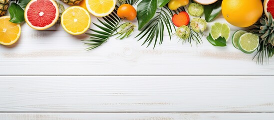 Poster - Top view of a tropical summer concept photograph with summer accessories arranged on white wooden planks The composition creates a background image with ample copy space