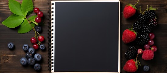 Aufkleber - Flat lay of hand writing on clipboard notepad paper mock up copy space viewed from above over dark background decorated with wild berry fruit arrangement