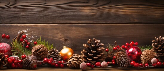 Poster - Christmas decoration with christmas stocking pine cone branch of spruce candies berry and Christmas toy on wooden table on wooden background. copy space available