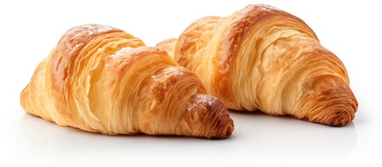 Poster - Tasty butter croissant and half cuts isolated on white background Fresh enriched wheat flour croissant with clipping path and copy space