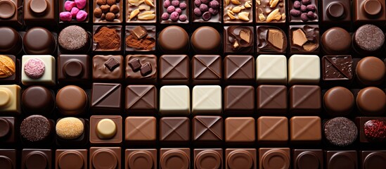 Poster - Different kinds of chocolates on colored table close up Top View and Flat Lay with copy space