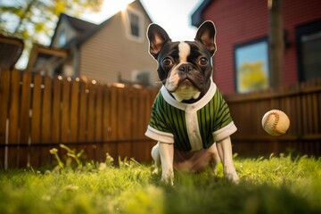 A Boston Terrier dressed in a baseball jersey, playing with a ball in a backyard with green grass and a wooden fence