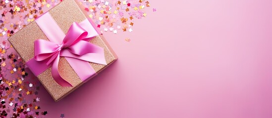 Poster - Gift box with ribbon and bow on color background and space for text Top view. copy space available