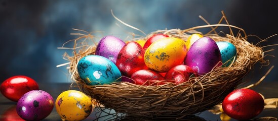 Poster - Colorful Easter eggs in a basket on a light silver background The concept of a holiday and online shopping for Easter Flat lay Happy easter greeting card Copy space