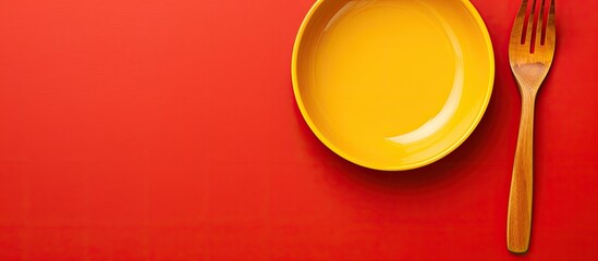 Poster - Dining concept represented by a copy space image of a red ceramic dish on a yellow background accompanied by a wooden spoon and fork