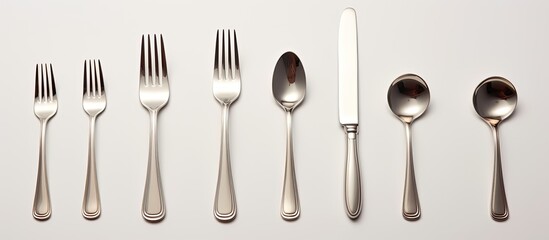Poster - set of metal cultery equipment on the white table spoon fork and knife. copy space available