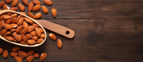 Poster - Almonds in wooden bowl and wooden spoon with brown napkin on wooden table top view for copy space
