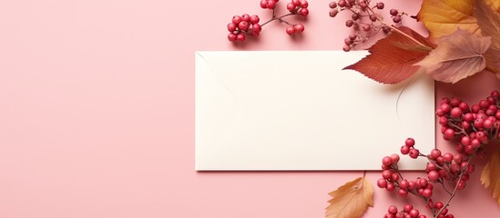 Poster - Autumn creative composition Red leaves empty blank card in paper envelope wild grape berries on pink paper background Fall thanksgiving day concept Flat lay top view copy space