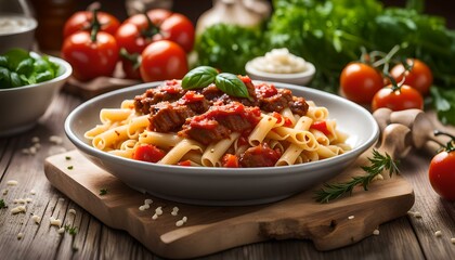 Wall Mural - Pasta with meat, sauce and vegetables
