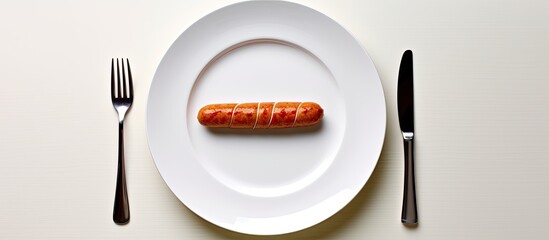Poster - Top View with appetizing of the hotdog placed in white dish beautifully fork and knife on floor copy space