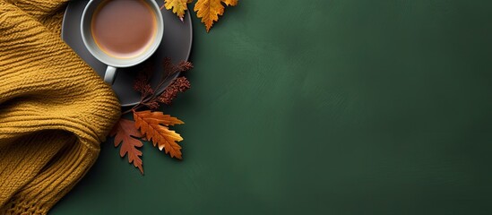 Poster - Knitted scarf with warm cup of tea on green background Autumn Fall season Still life Top view Falt lay Copy space