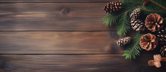 Aufkleber - Christmas composition background Christmas gift with pine cones and fir branches on wooden background Flat lay top view copy space Toned