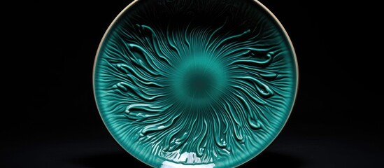 Poster - empty ceramic plate of delicate bed achuamarine turquoise color Black background The top is blowing Go to sleep. copy space available