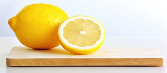 Poster - Lemon is sliced on a wooden cutting board on a white background isolated with copy space
