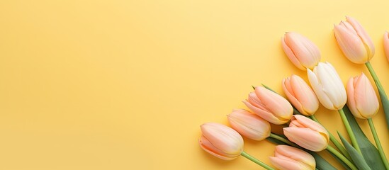 Poster - Tender yellow tulips on pastel peach background Greeting card for Mother s day Flat lay Place for text. copy space available