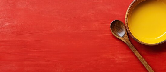 Poster - Dining concept represented by a copy space image of a red ceramic dish on a yellow background accompanied by a wooden spoon and fork