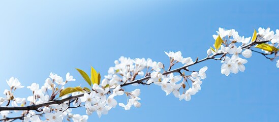 Wall Mural - branch of a white blooming tree in front of blue and white sky back lit. copy space available