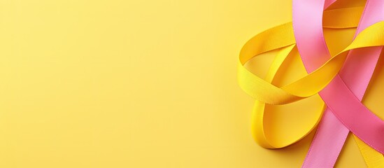 Poster - Beautiful pink ribbon on yellow background top view Space for text. copy space available