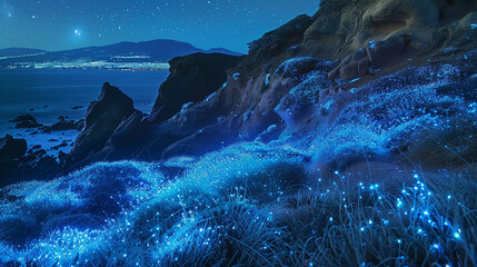 Wall Mural - A surreal, otherworldly landscape bathed in the ethereal glow of bioluminescent flora, casting an enchanting light across the alien terrain.