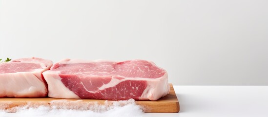 Poster - Slide of raw pork on white background. copy space available