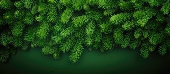 Poster - Copy space image of a vibrant green background with fresh branches from a young spruce tree resembling a festive Christmas tree background