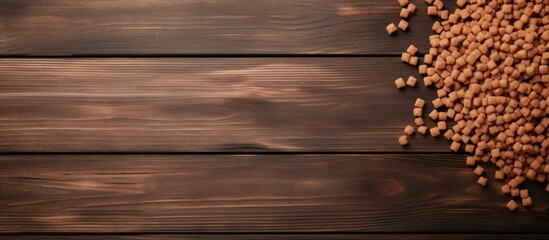 Poster - Top view of dog food in bowl with empty wooden background for text input Pet food concept. copy space available