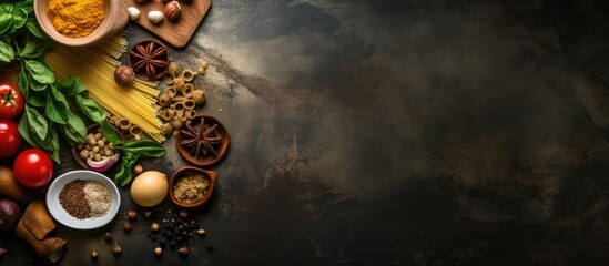 Poster - Top down view of kitchen table showcasing a variety of ingredients for cooking pasta with ample copy space available for personalized text