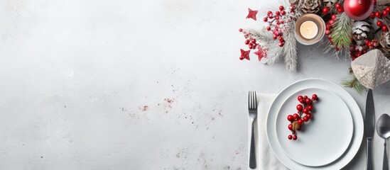 Poster - Christmas table setting with festive decorations on light grey background with copy space Holidays background Top view flat lay
