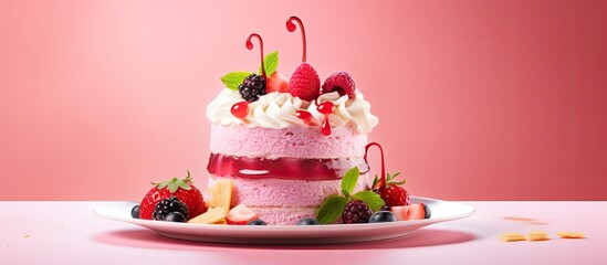 Poster - Cute bento cake with tasty cream on pink background space for text. copy space available