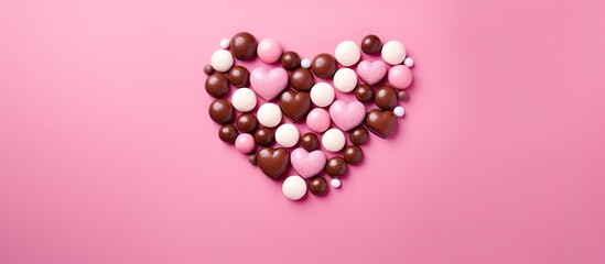 Poster - top view heart of Colorful chocolate coated candy on pink background with valentines Valentines day concept festive food gifts. copy space available
