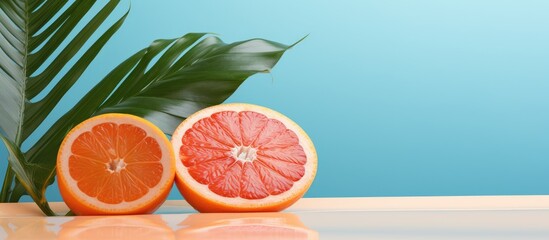 Poster - Palm leaf with grapefruit and orange Tropical banner with fruits and a place for an inscription. copy space available