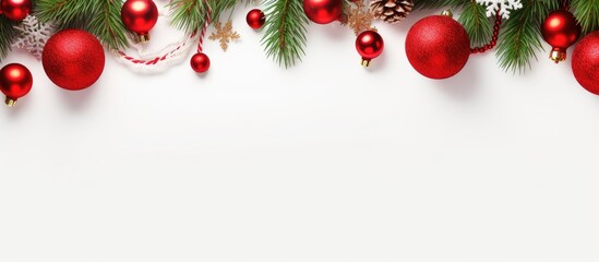 Poster - Christmas themed composition featuring elegant elements Vibrant red gifts and decorations contrasting with the green fir tree branches all set against a clean white background This image captures the