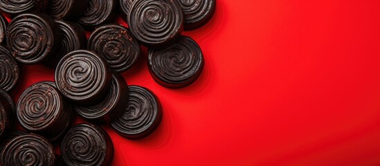 Sticker - Tasty black liquorice candies in present box on red background Candy flavored licorice top view copy space