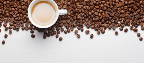Aufkleber - A White Empty Cup In Coffee Beans Backgroun Flat Lay Copy Space