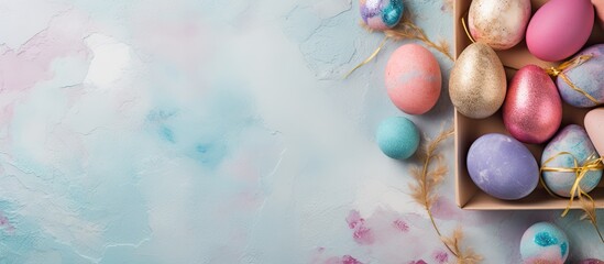 Aufkleber - Color Easter flat lay background with painted Easter eggs and gift box. copy space available